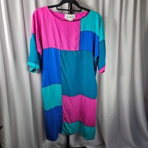 Women's Argenti Silk Patchwork Dress Colorful Vintage 80s‎ Party Dress Size 14